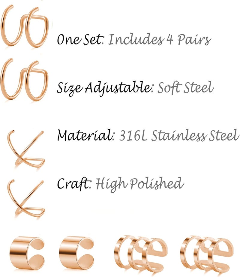 Tornito 4-10 Pairs Stainless Steel Ear Cuff Helix Cartilage Clip On Wrap Earrings Fake Nose Ring Non-Piercing Adjustable - Image 2